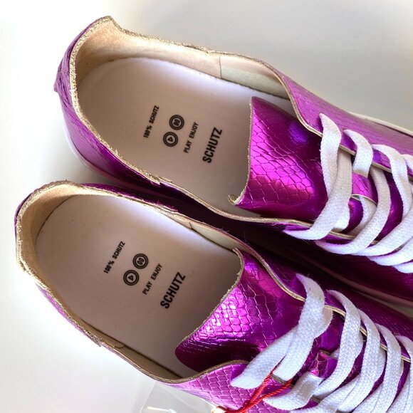 SCHUTZ *NEW Women's Ofelia Leather Sneakers 9B Lace Up Metallic Snakeskin Pink - Picture 3 of 6